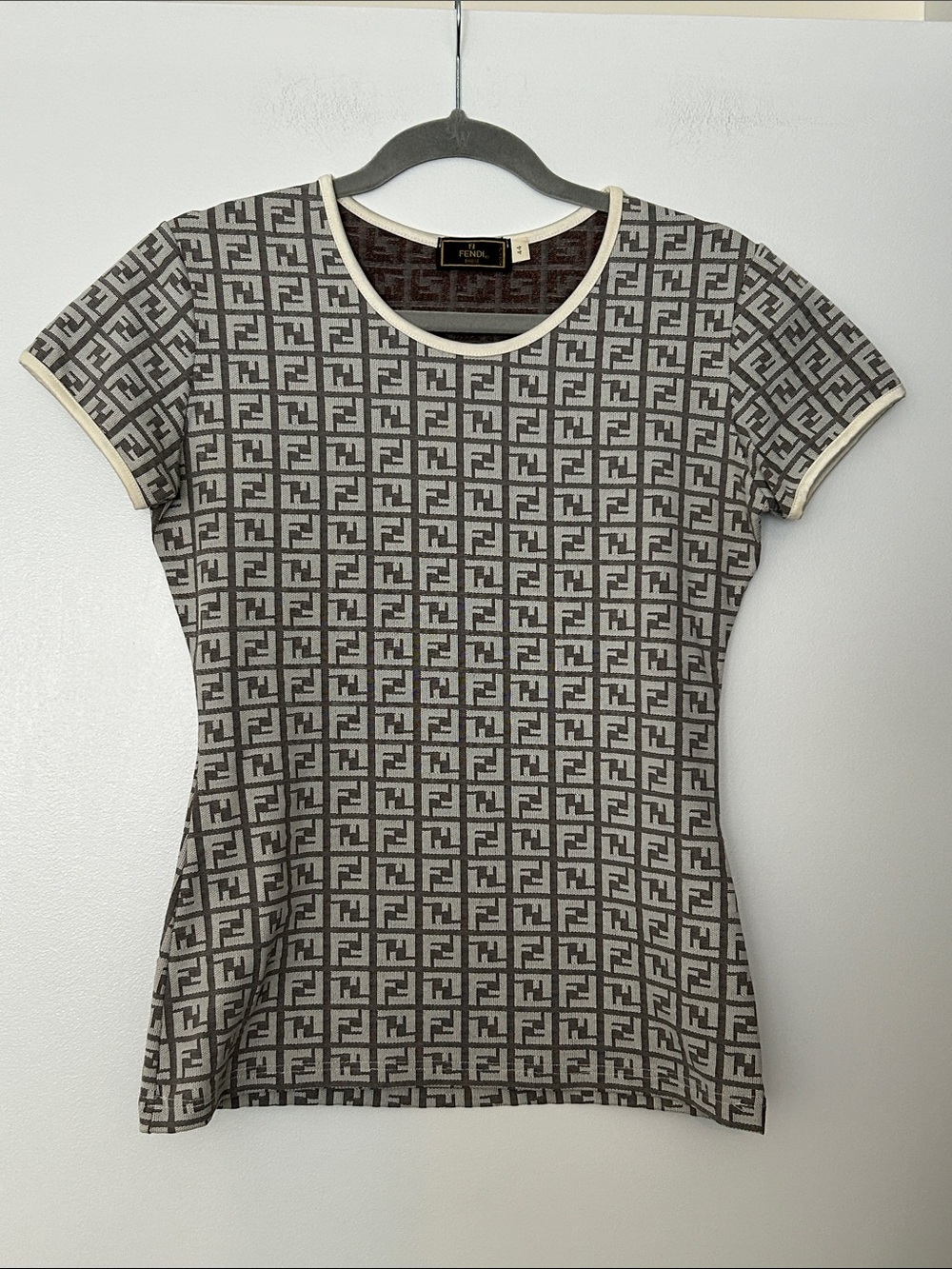 FENDI Zucca FF Monogram Beige Ivory Logo Print Top IT 44 (equiv. 4-6 US)